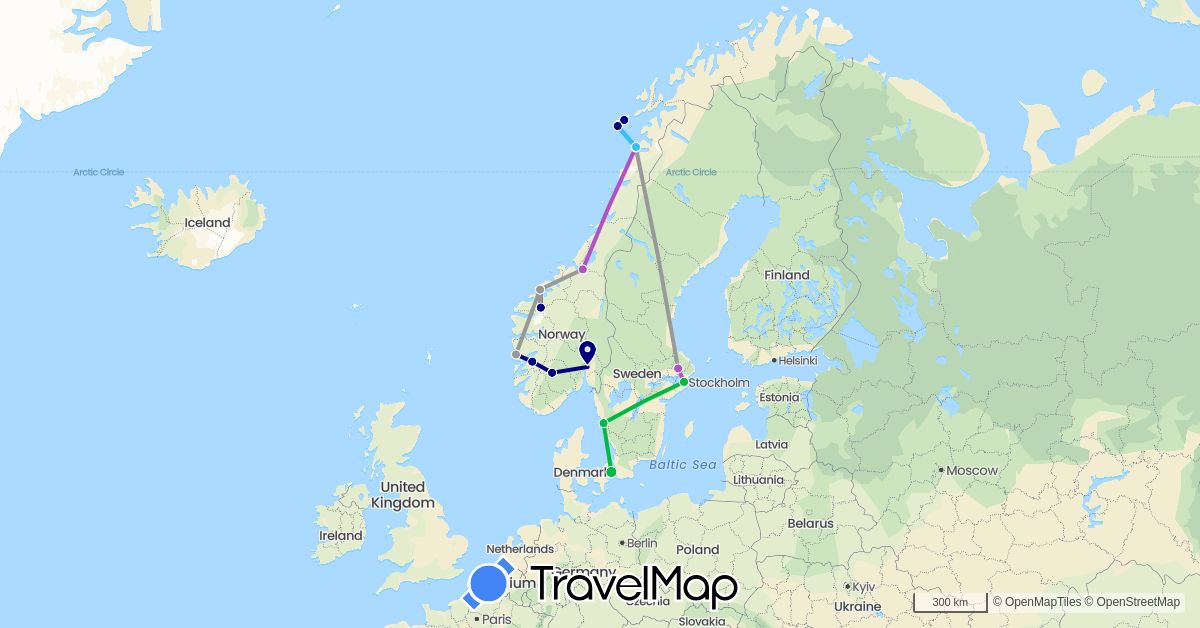 TravelMap itinerary: driving, bus, plane, train, boat in Denmark, Norway, Sweden (Europe)