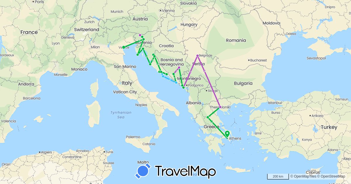 TravelMap itinerary: driving, bus, train, boat in Bosnia and Herzegovina, Greece, Croatia, Italy, Montenegro, Serbia, Slovenia (Europe)